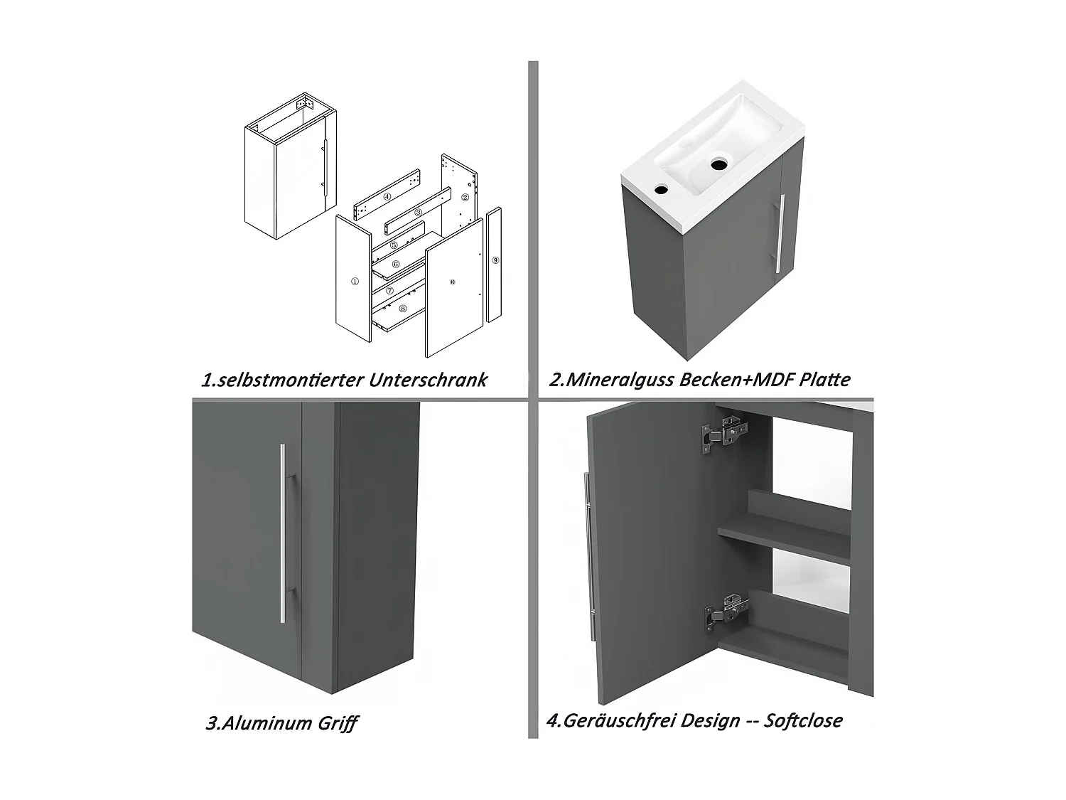 AICA Badmöbel 45cm Mineralguss Waschtisch mit Unterschrank - Matt Dunkelgrau Hängeschrank
