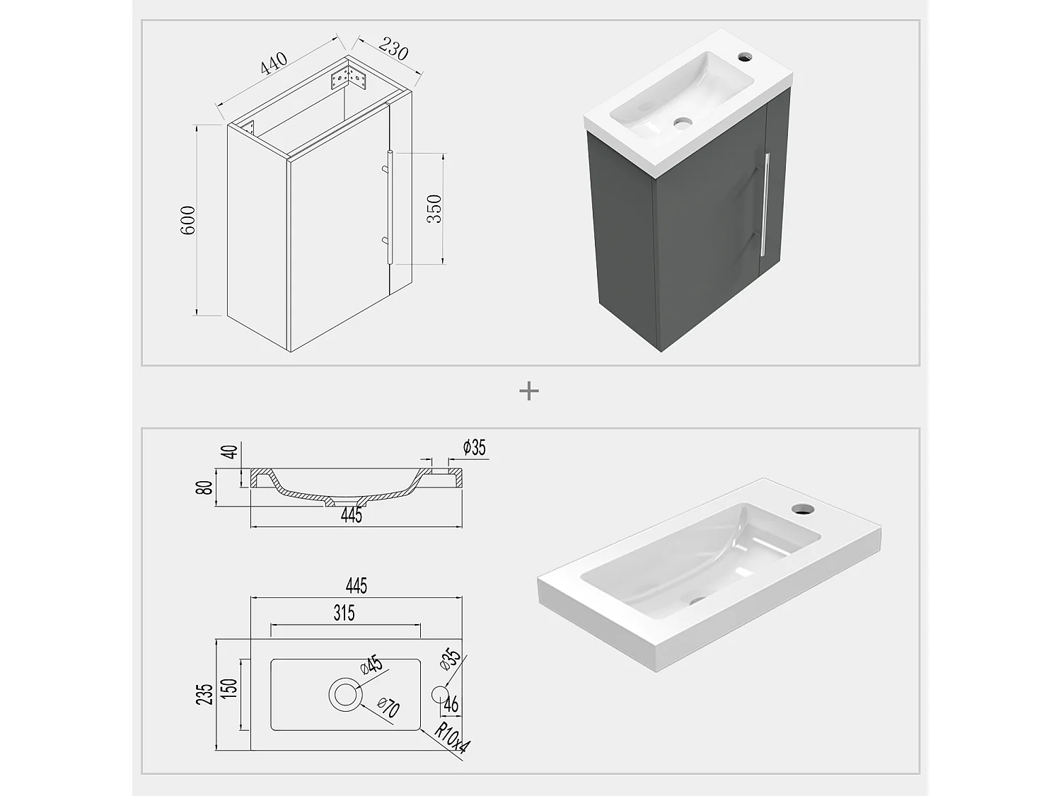 AICA Badmöbel 45cm Mineralguss Waschtisch mit Unterschrank - Matt Dunkelgrau Hängeschrank