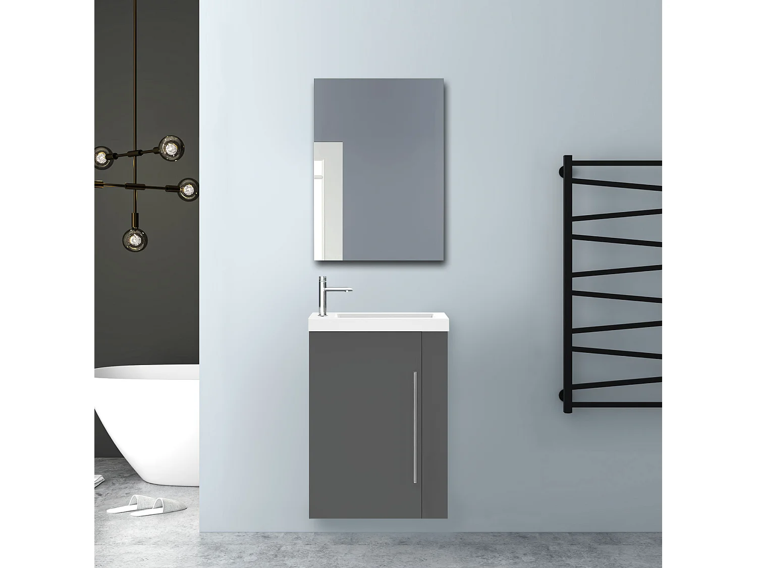 AICA Badmöbel 45cm Mineralguss Waschtisch mit Unterschrank - Matt Dunkelgrau Hängeschrank