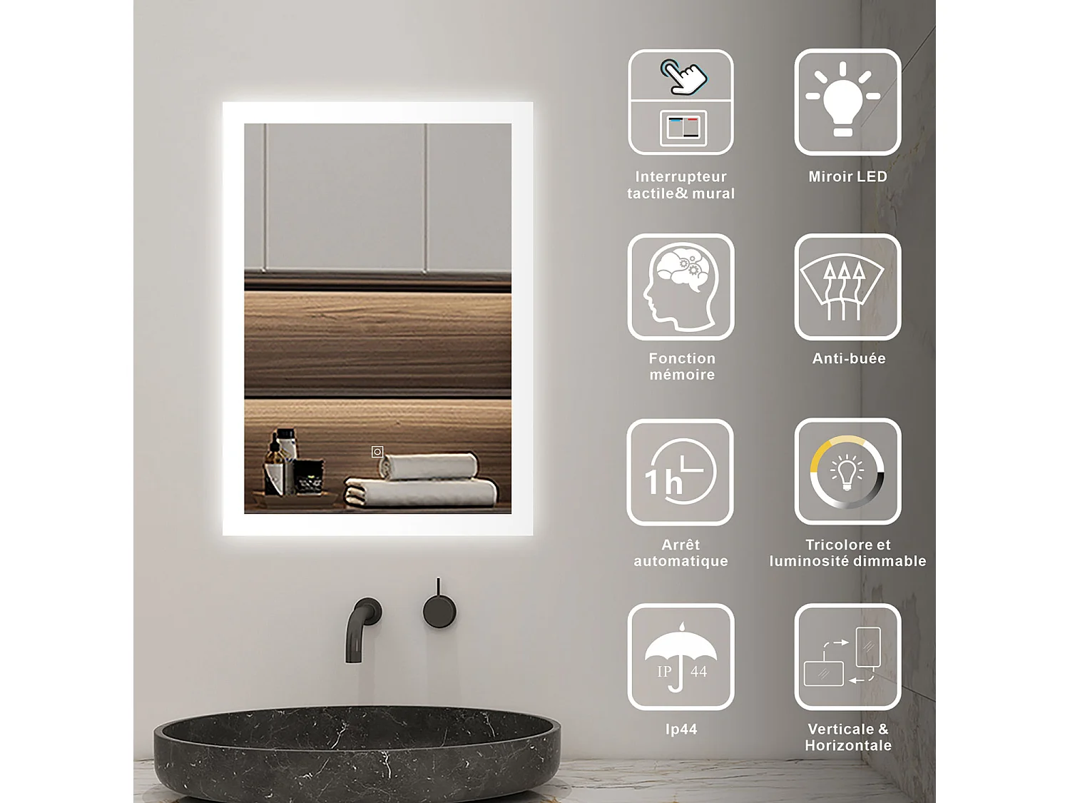 Miroir LED 70 x 50cm avec 3 Couleurs + Dimmable + Anti-buée, Mural Miroir salle de bain