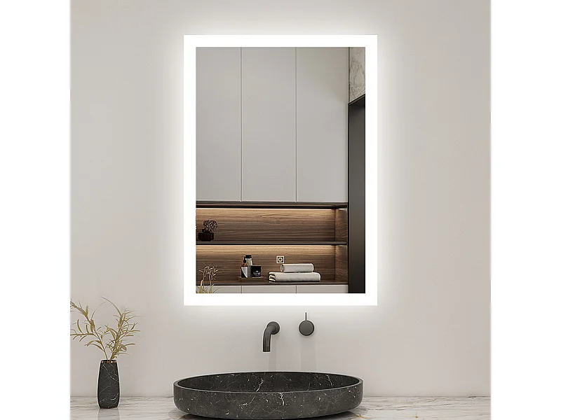 Miroir LED 70 x 50cm avec 3 Couleurs + Dimmable + Anti-buée, Mural Miroir salle de bain