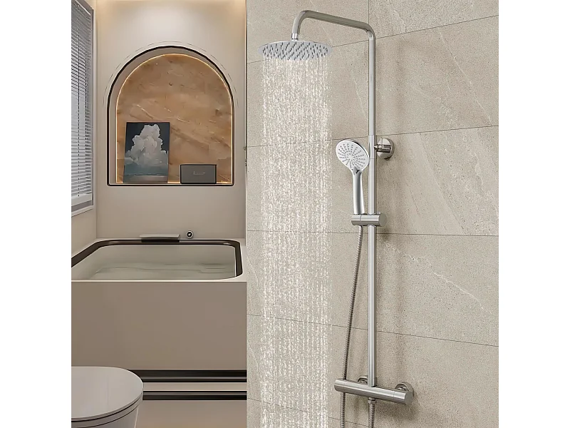 AICA Colonne de douche thermostatique en laiton avec mitigeur de thermostat 38°C, pommeau de douche 200 mm, douchette à main 3 jets, réglable en hauteur