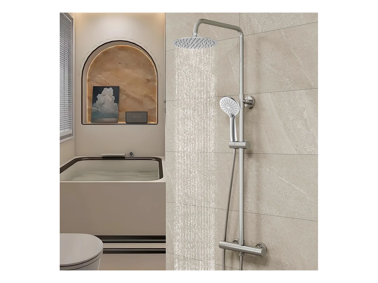 AICA Colonne de douche thermostatique en laiton avec mitigeur de thermostat 38°C, pommeau de douche 200 mm, douchette à main 3 jets, réglable en hauteur