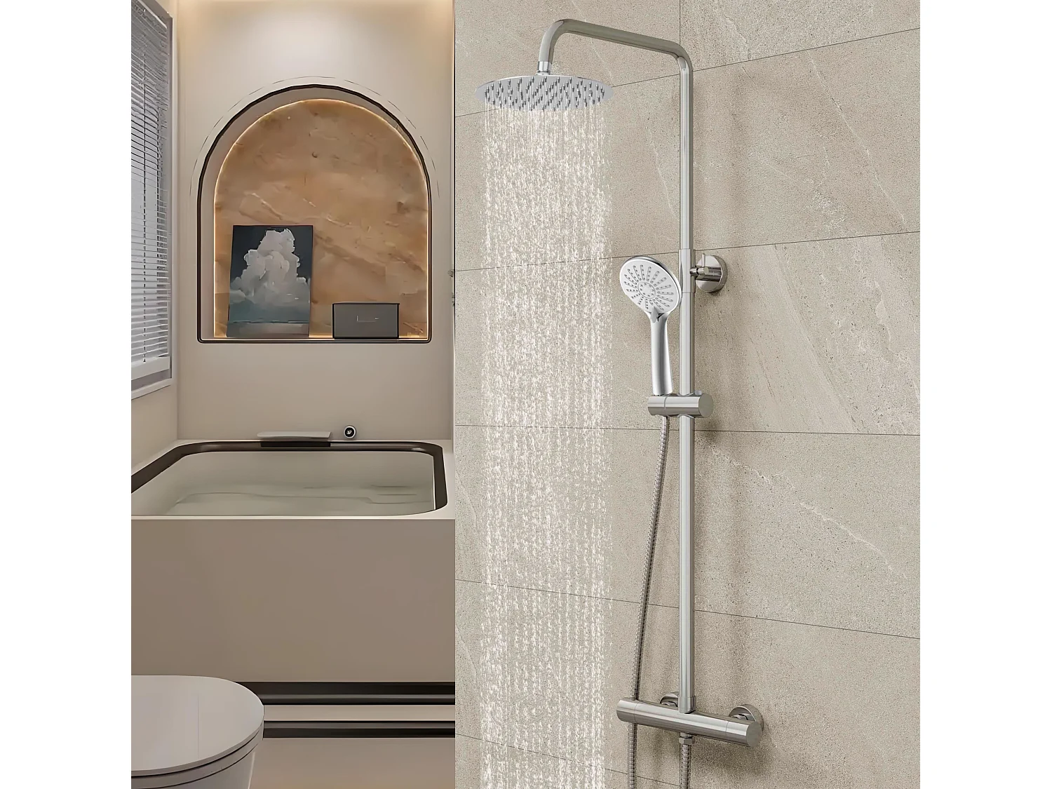 AICA Colonne de douche thermostatique en laiton avec mitigeur de thermostat 38°C, pommeau de douche 200 mm, douchette à main 3 jets, réglable en hauteur