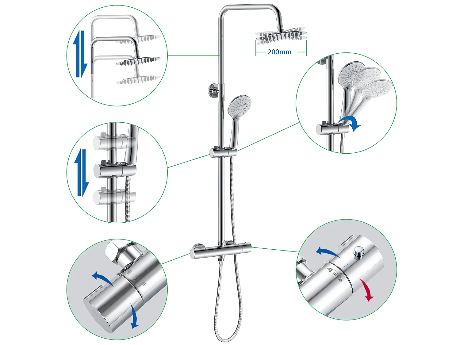 AICA Colonne de douche thermostatique en laiton avec mitigeur de thermostat 38°C, pommeau de douche 200 mm, douchette à main 3 jets, réglable en hauteur