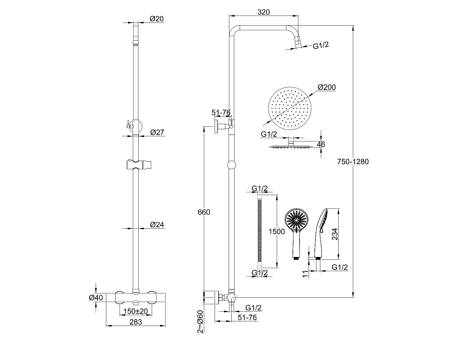 AICA Colonne de douche thermostatique en laiton avec mitigeur de thermostat 38°C, pommeau de douche 200 mm, douchette à main 3 jets, réglable en hauteur