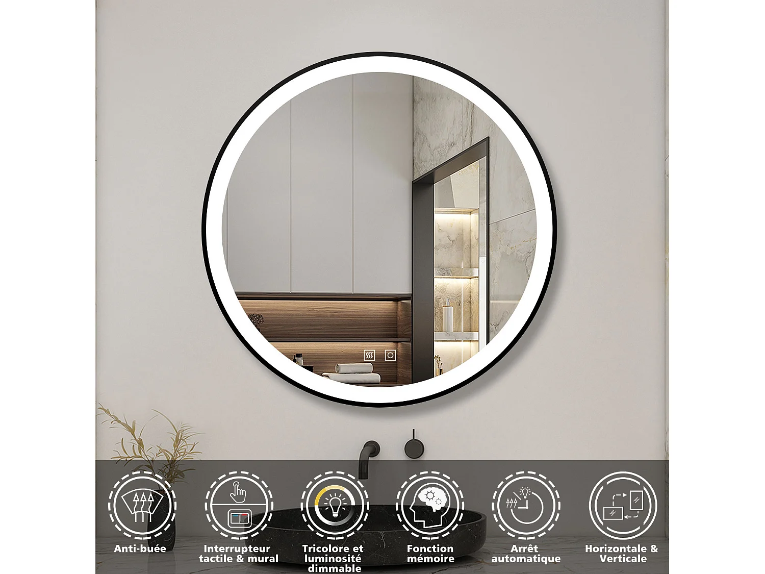 Miroir LED Rond 70cm avec Anti-buée + 3 Couleurs + Dimmable, Mural Miroir salle de bain Rond