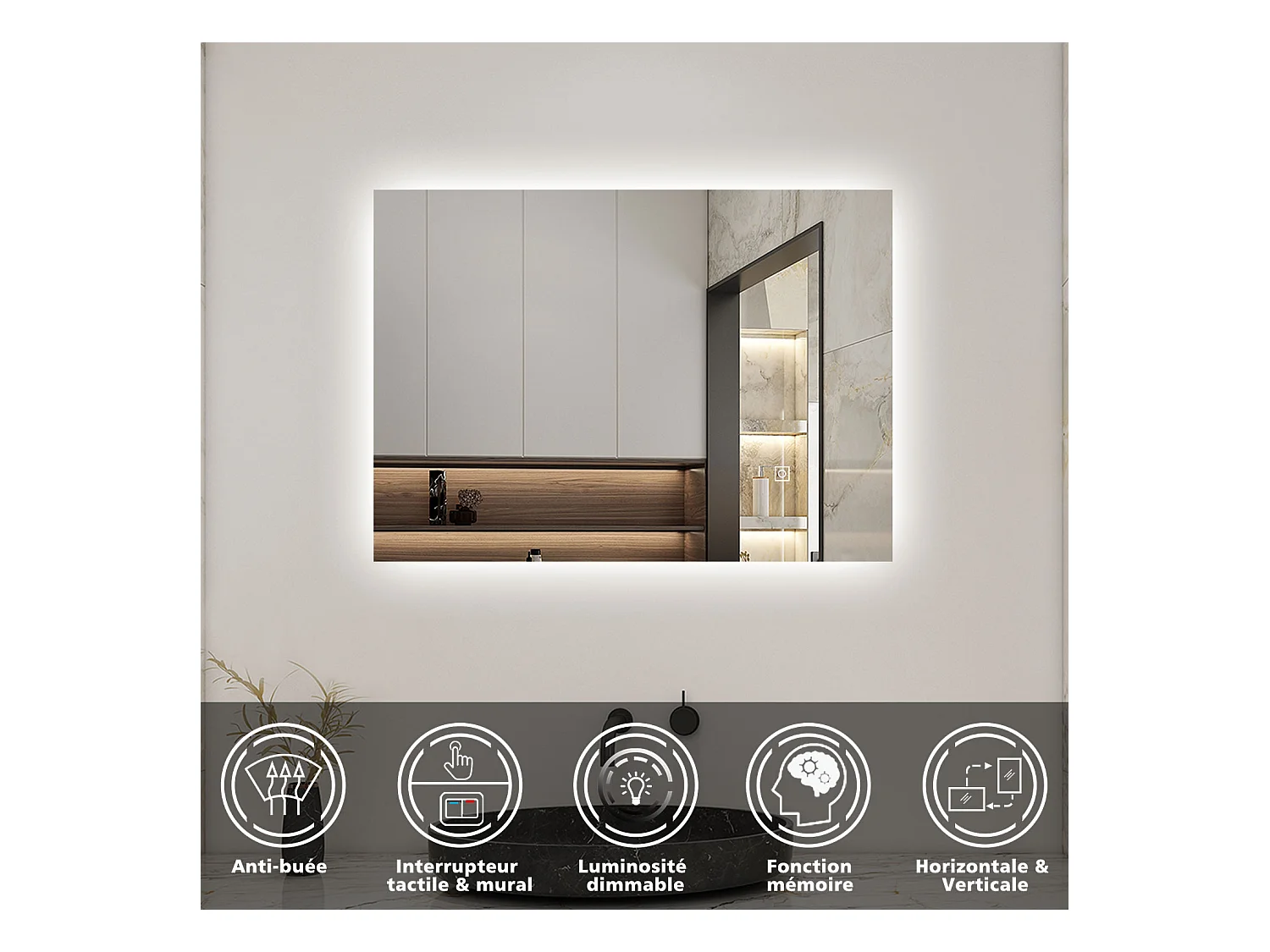 Miroir LED 70x50cm avec Anti-buée + Dimmable, Mural Miroir salle de bain