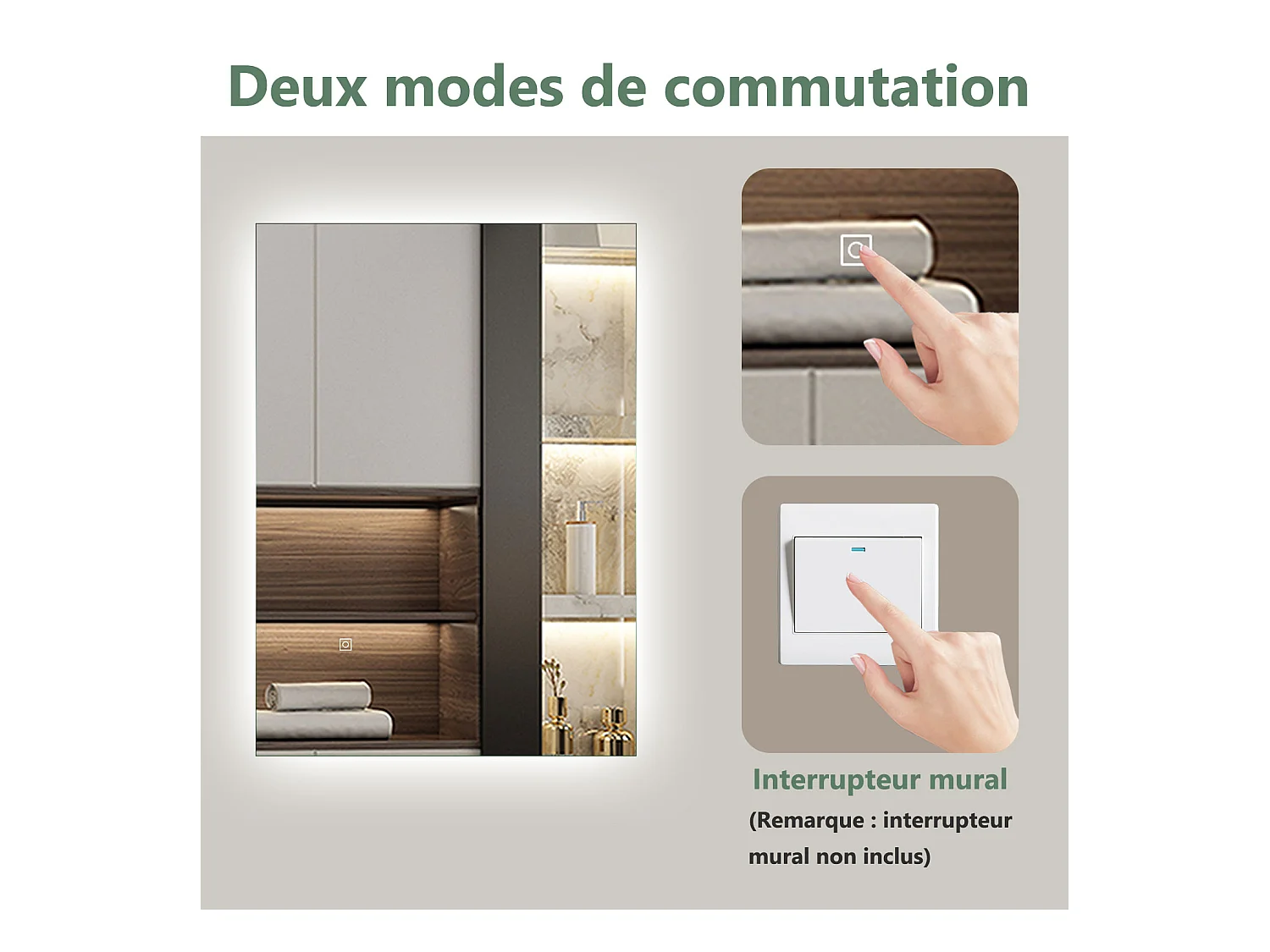 Miroir LED 70x50cm avec Anti-buée + Dimmable, Mural Miroir salle de bain