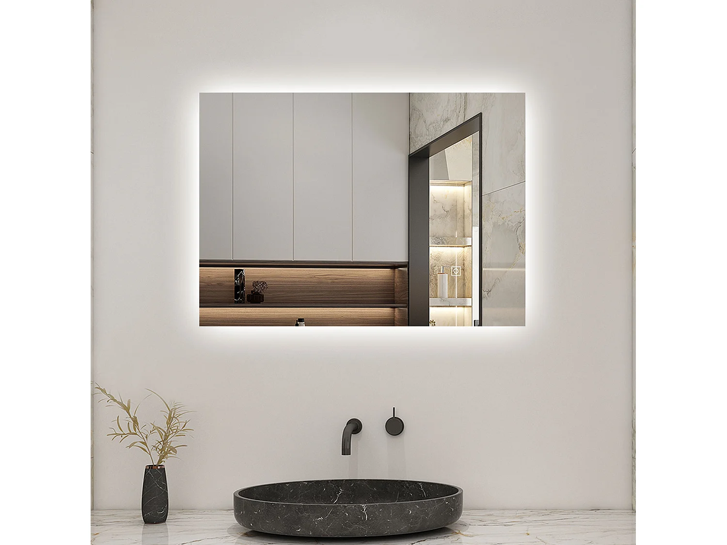 Miroir LED 70x50cm avec Anti-buée + Dimmable, Mural Miroir salle de bain