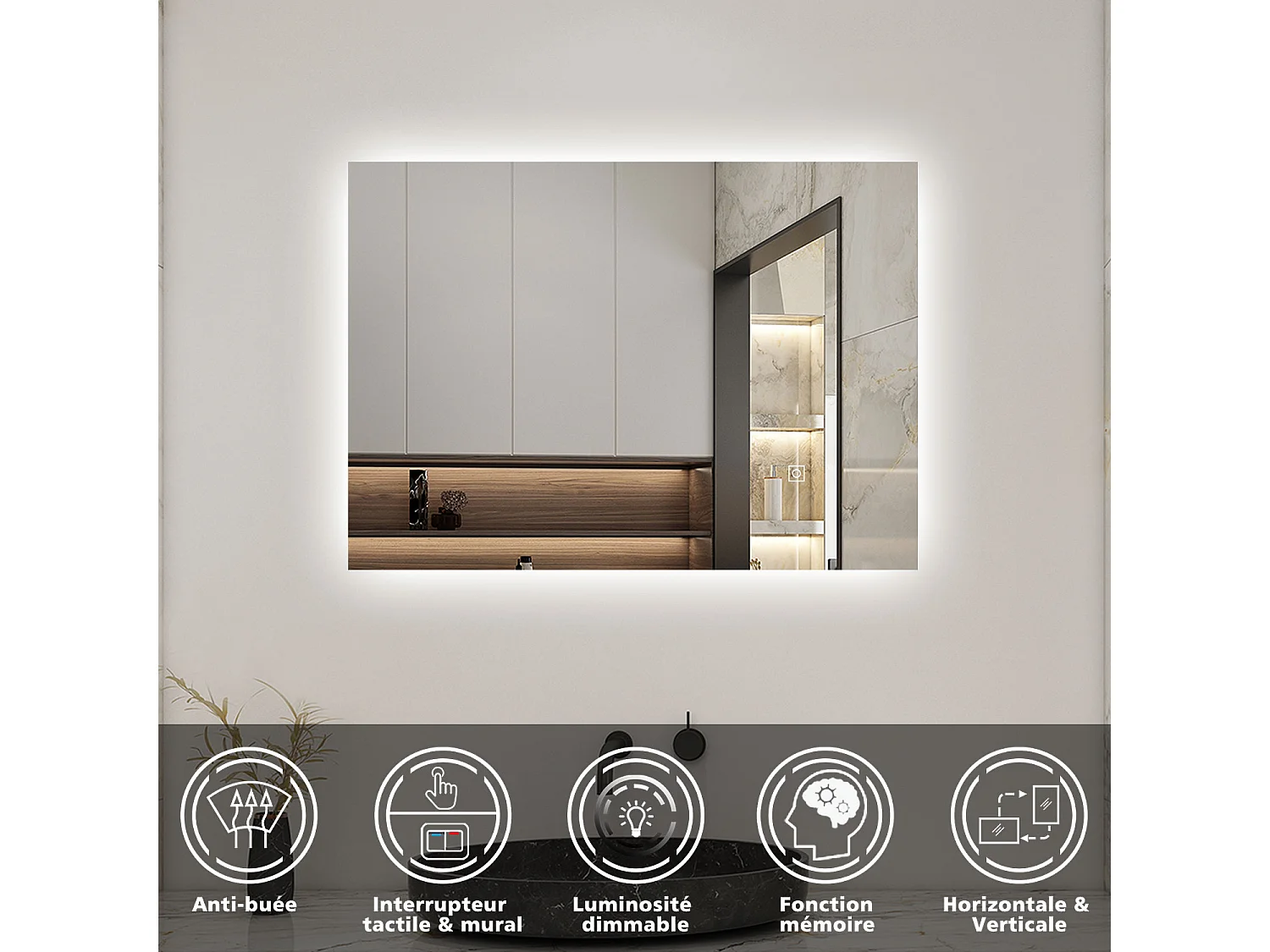 Miroir LED 70x50cm avec Anti-buée + Dimmable, Mural Miroir salle de bain
