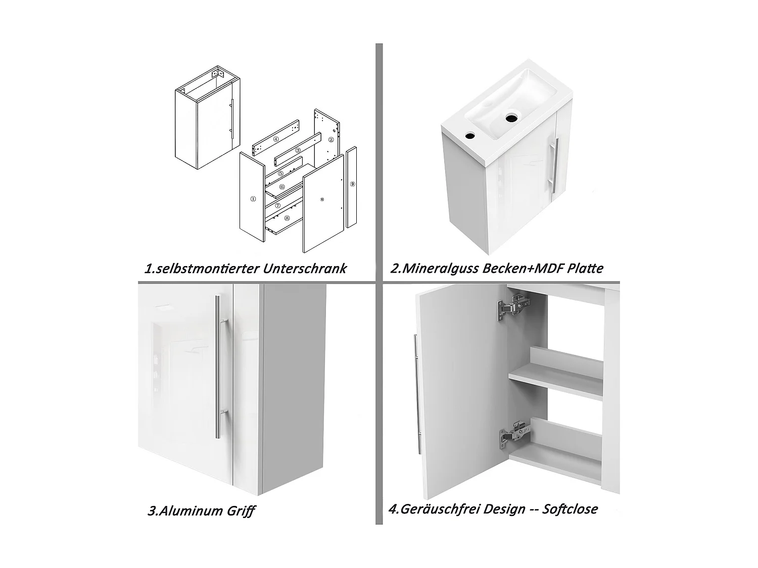 AICA Badmöbel 45cm Mineralguss Waschtisch mit Unterschrank - Hochglanz Weiß Hängeschrank