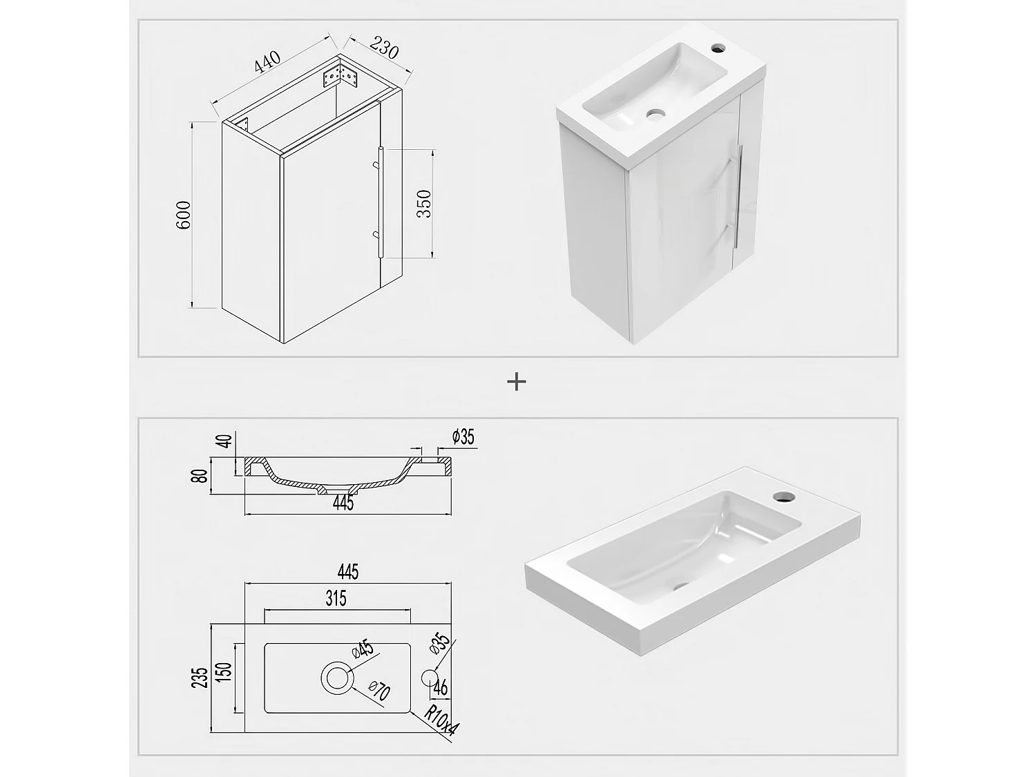 AICA Badmöbel 45cm Mineralguss Waschtisch mit Unterschrank - Hochglanz Weiß Hängeschrank