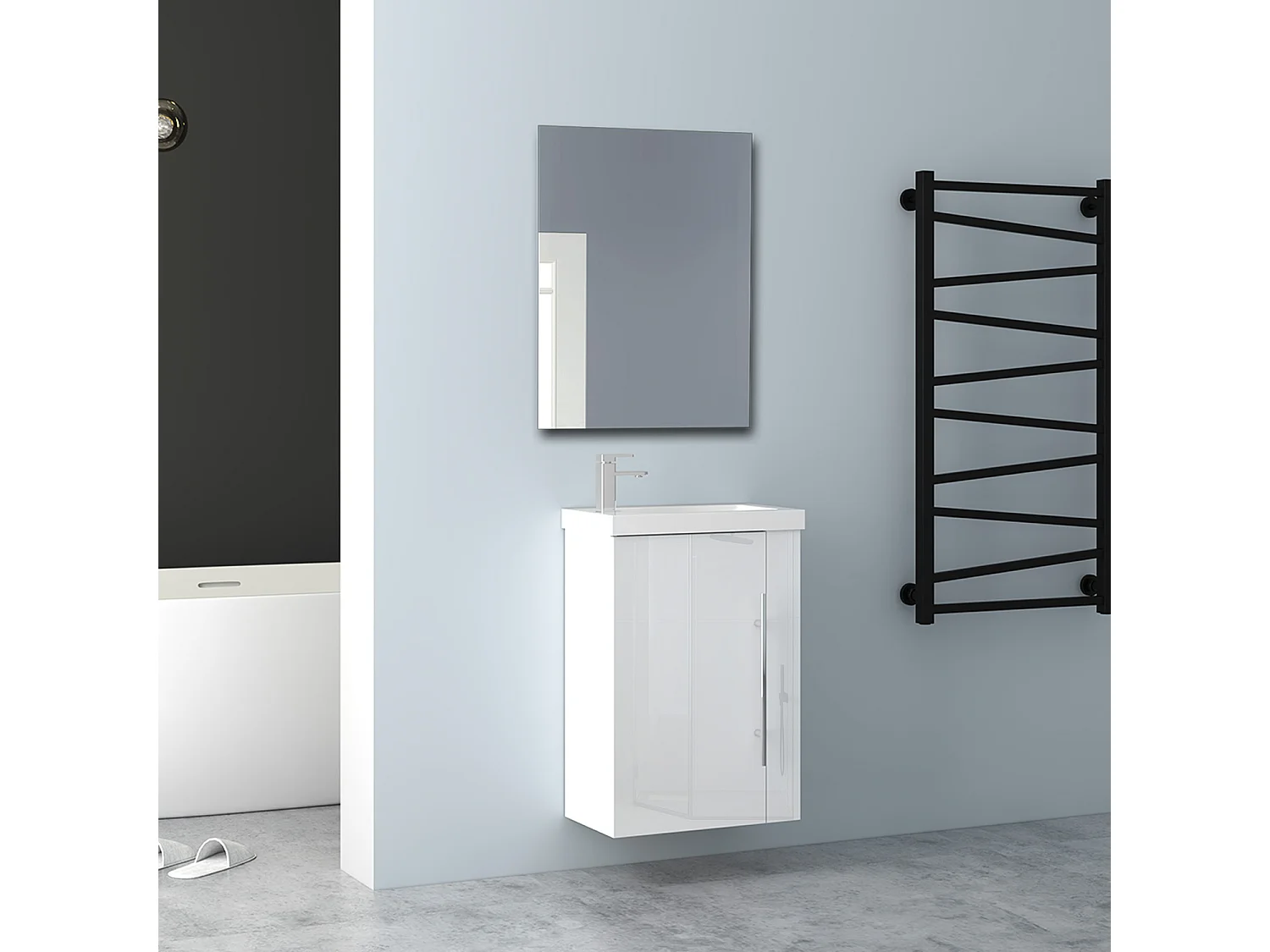 AICA Badmöbel 45cm Mineralguss Waschtisch mit Unterschrank - Hochglanz Weiß Hängeschrank