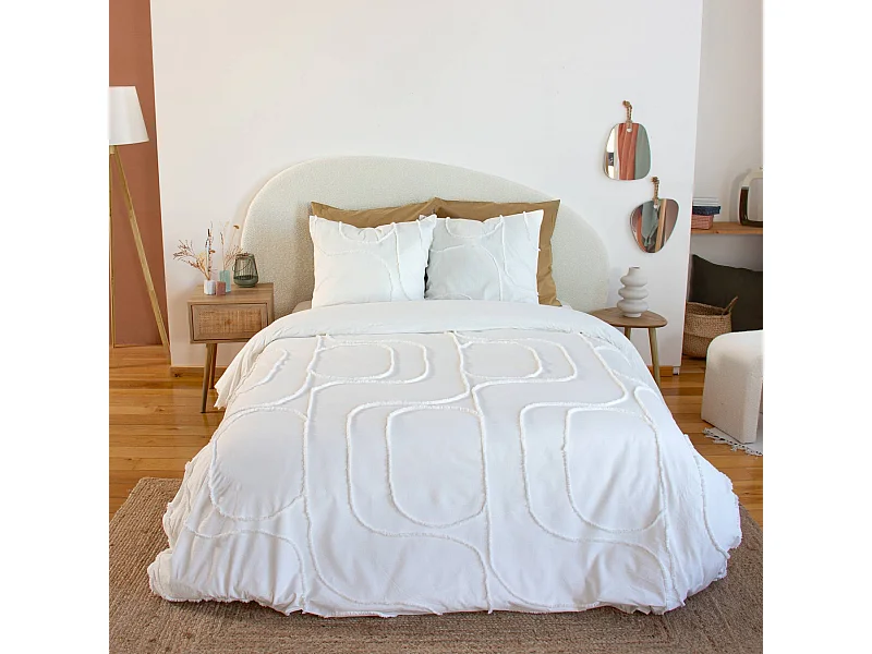 Parure de lit coton lavé tufté motifs arrondis 2 places blanc. 1 housse 260x240cm + 2 taies 63x63cm