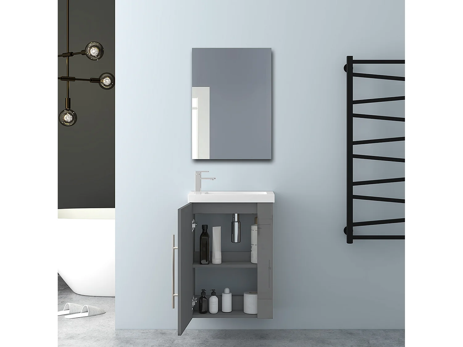 AICA Badmöbel 45cm Mineralguss Waschtisch mit Unterschrank - Hochglanz Dunkelgrau Hängeschrank