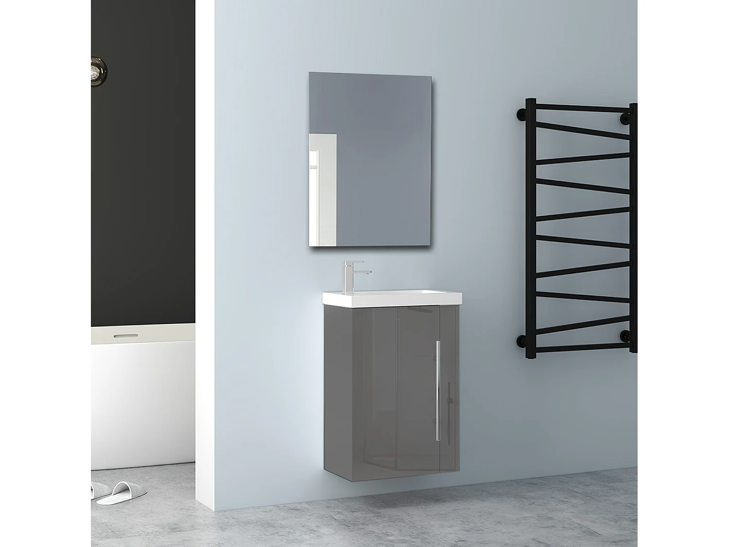 AICA Badmöbel 45cm Mineralguss Waschtisch mit Unterschrank - Hochglanz Dunkelgrau Hängeschrank