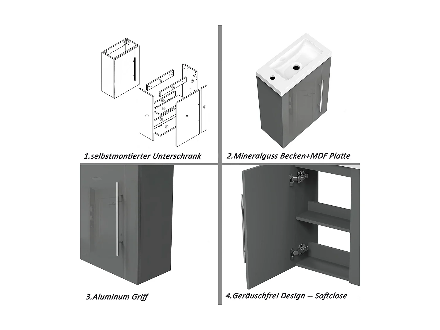 AICA Badmöbel 45cm Mineralguss Waschtisch mit Unterschrank - Hochglanz Dunkelgrau Hängeschrank