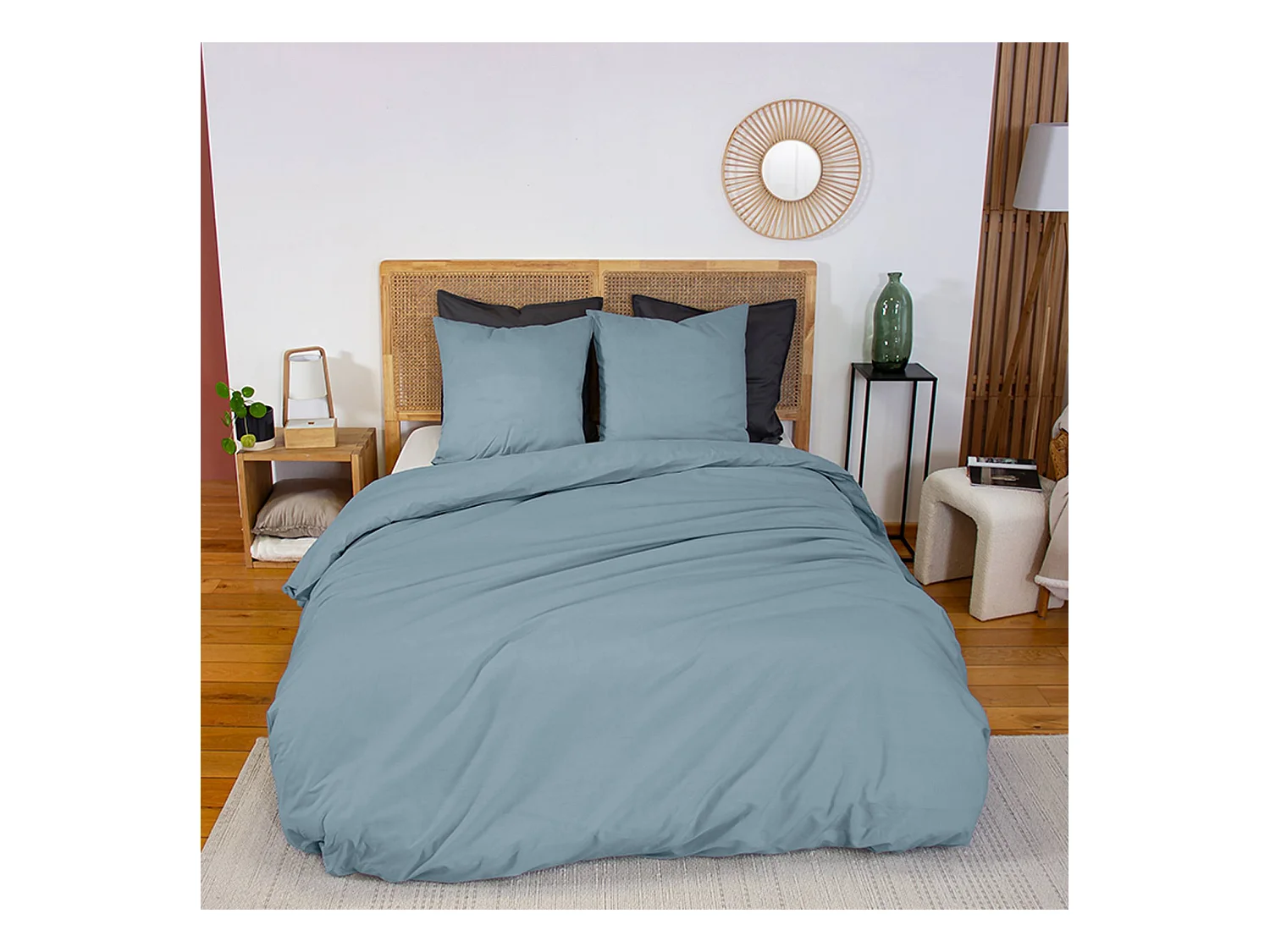 Parure de lit percale de coton 2 places bleu fumé Skala 240x220cm