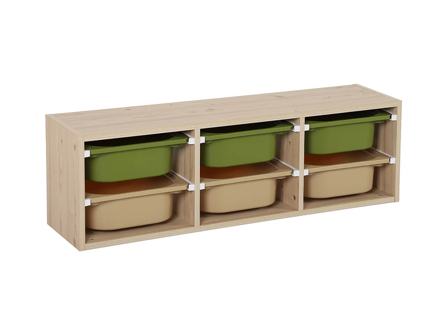 Meuble de rangement naturel pour enfant. 6 bacs en plastique vert olive taupe - Sora