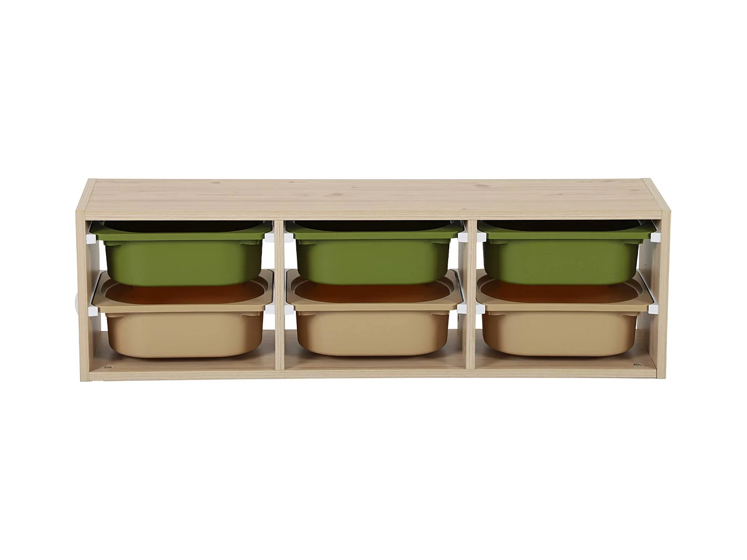 Meuble de rangement naturel pour enfant. 6 bacs en plastique vert olive taupe - Sora