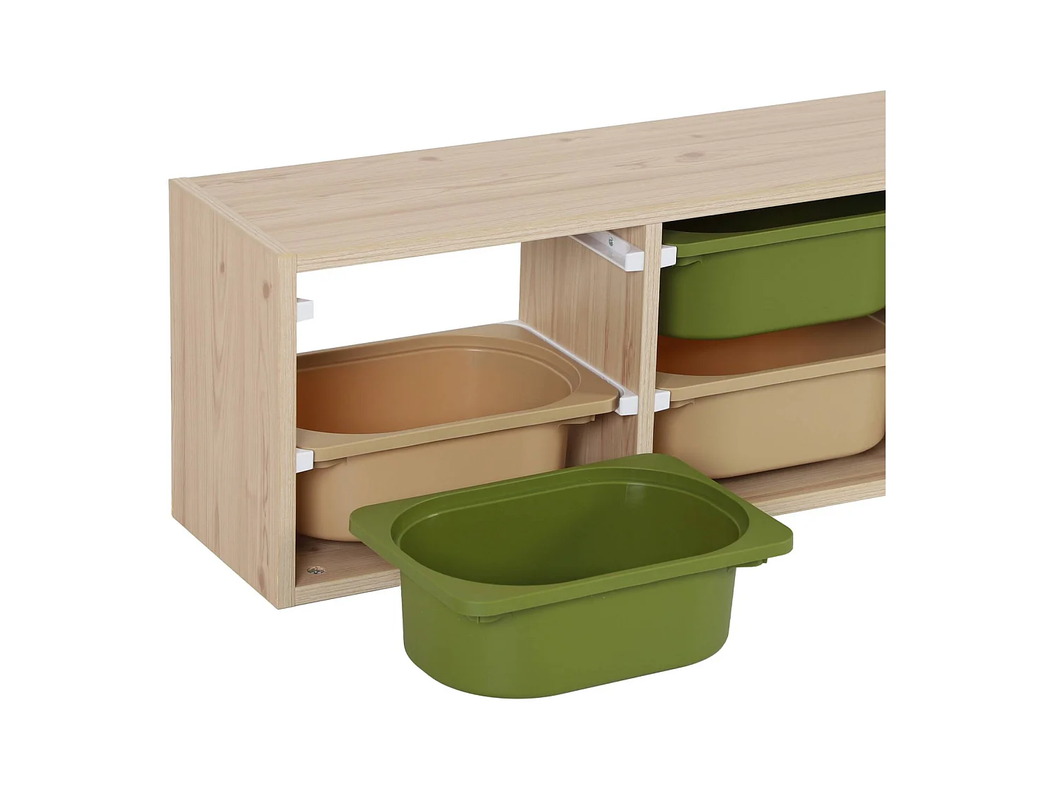 Meuble de rangement naturel pour enfant. 6 bacs en plastique vert olive taupe - Sora