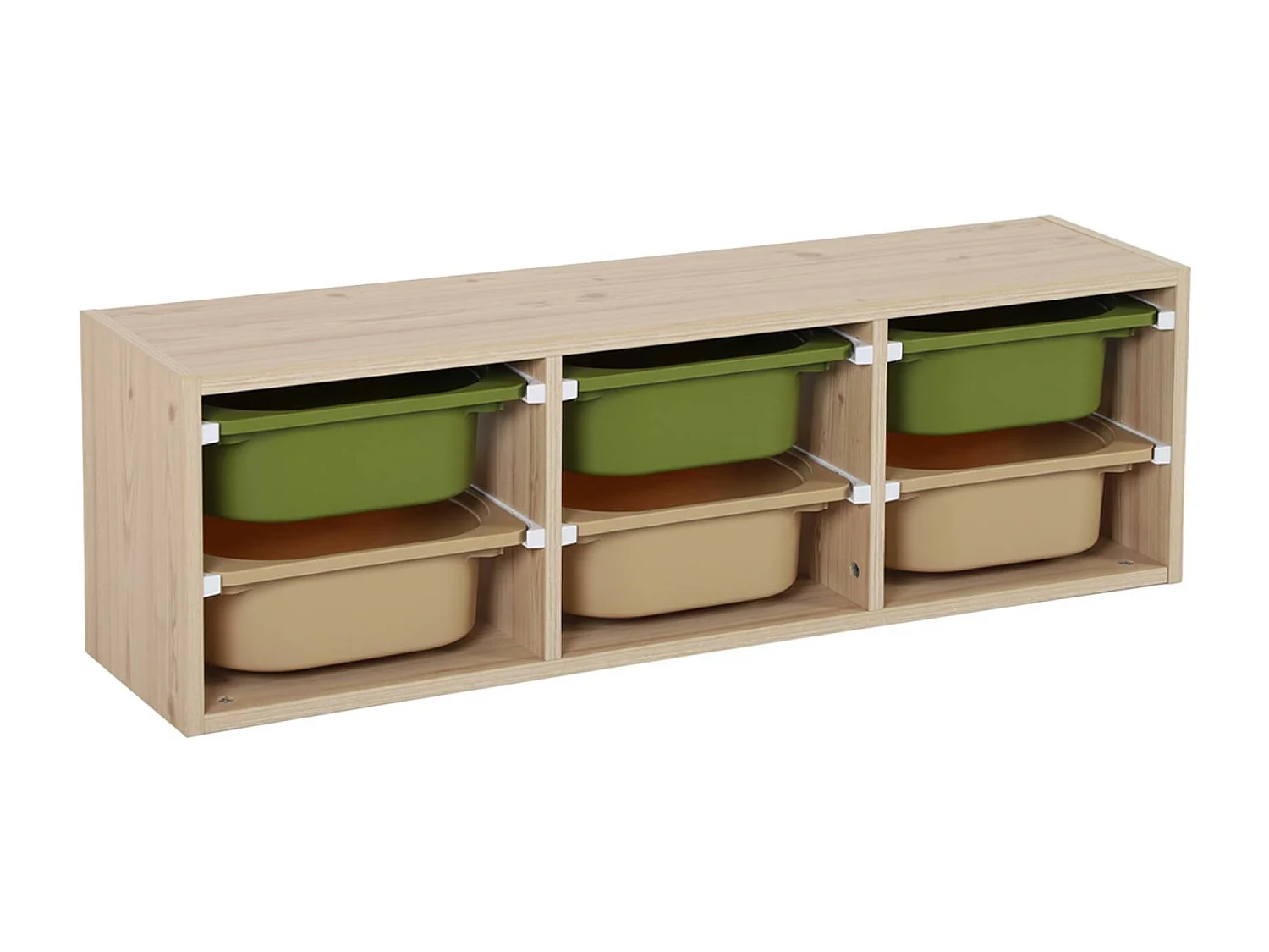Meuble de rangement naturel pour enfant. 6 bacs en plastique vert olive taupe - Sora