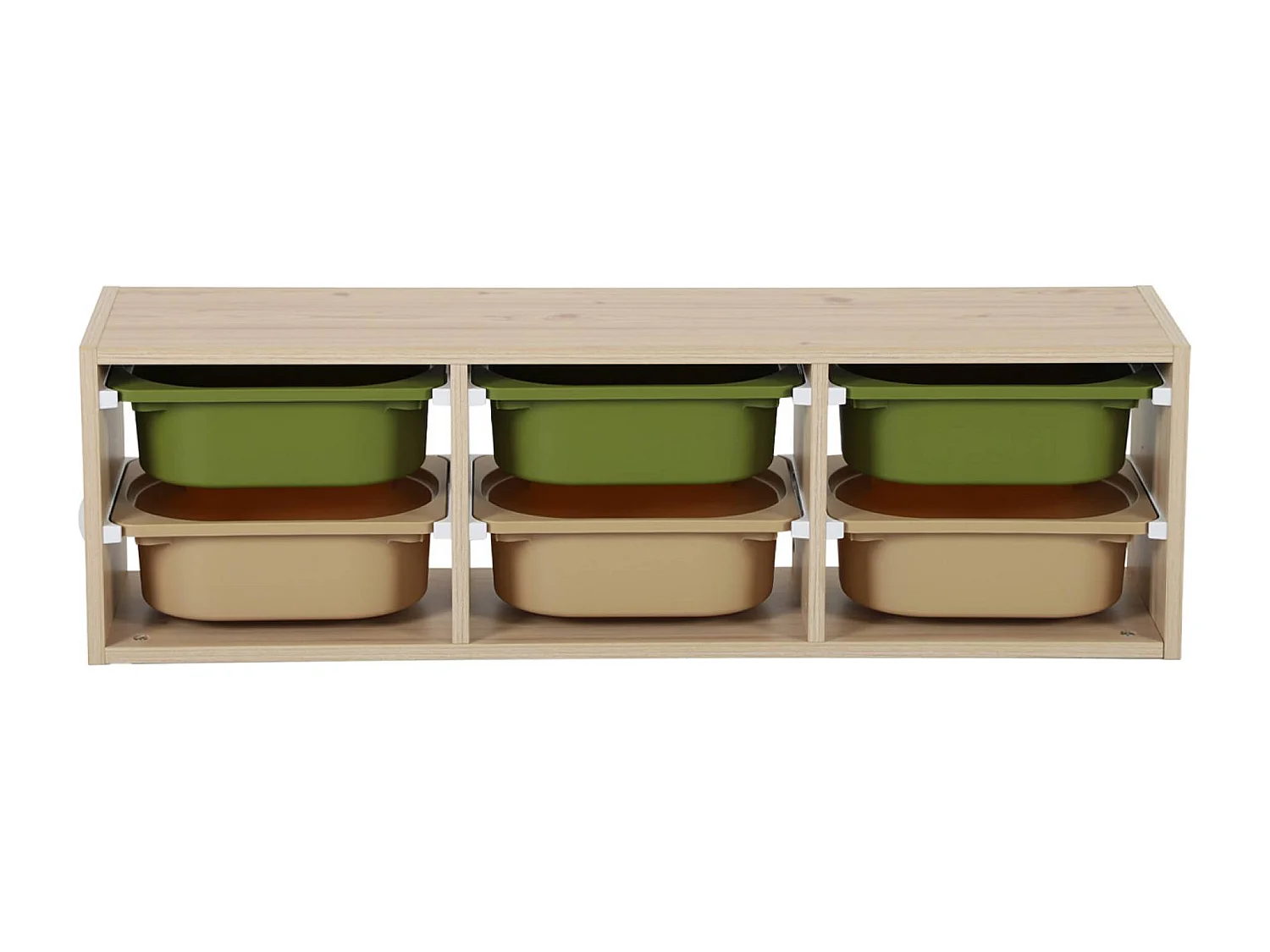 Meuble de rangement naturel pour enfant. 6 bacs en plastique vert olive taupe - Sora