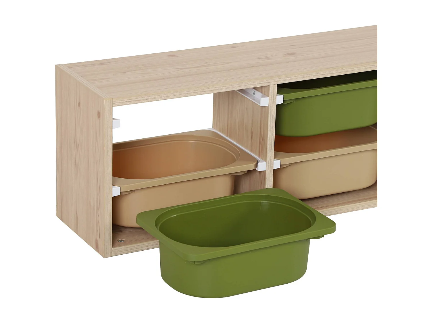 Meuble de rangement naturel pour enfant. 6 bacs en plastique vert olive taupe - Sora
