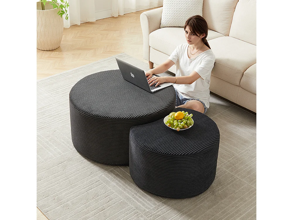 Tables basses salon 2 pièces ensemble rondes rembourrées modernes mousse double usage table dappoint pouf sans assemblage noir