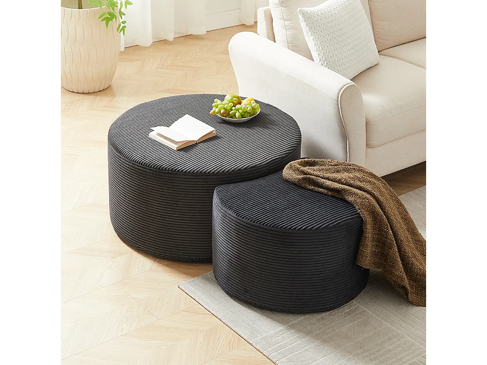 Tables basses salon 2 pièces ensemble rondes rembourrées modernes mousse double usage table dappoint pouf sans assemblage noir