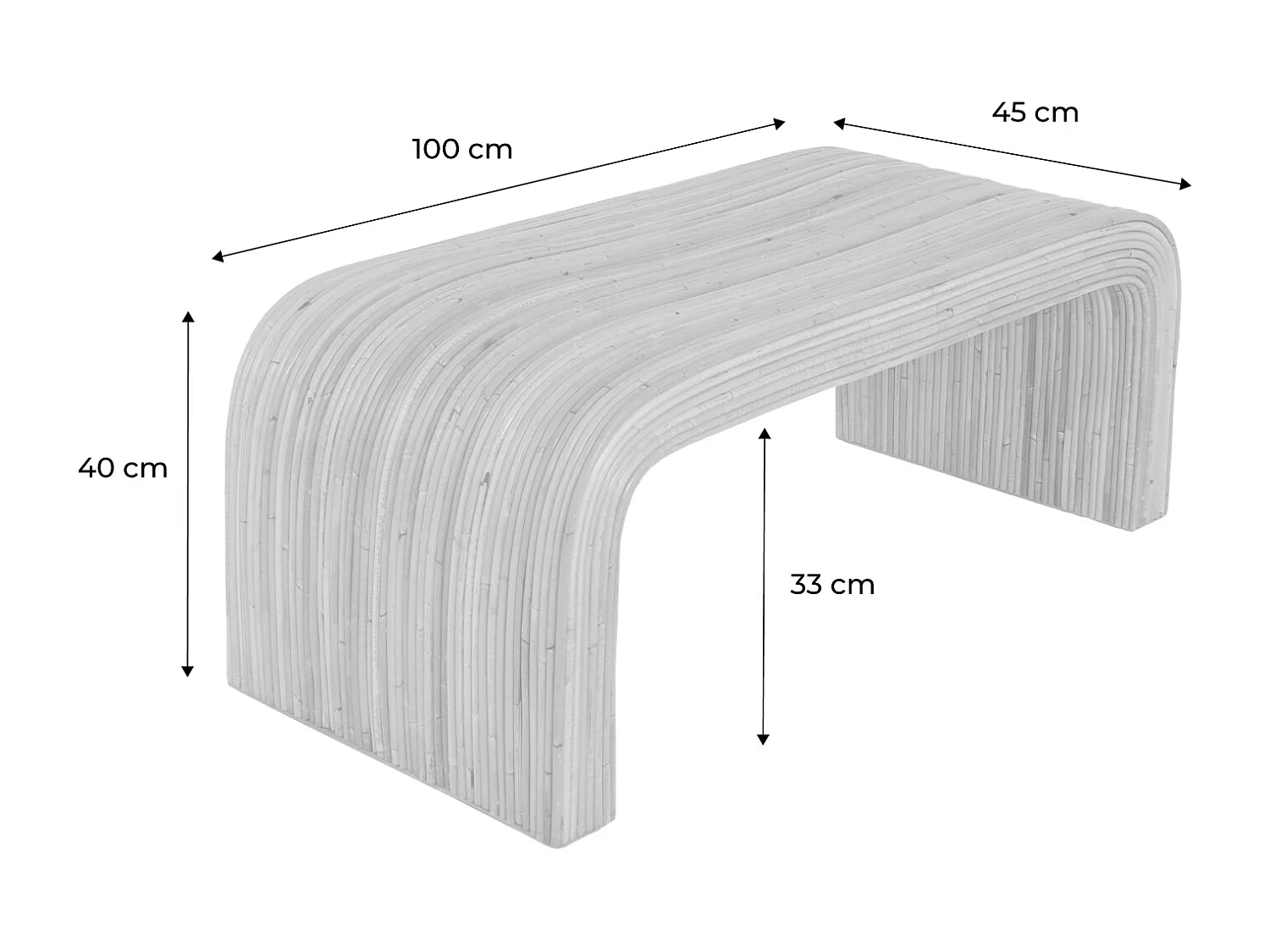 Banc. bout de lit en rotin naturel. 100cm. bords arrondis. L 100 x P 45 x H 40cm