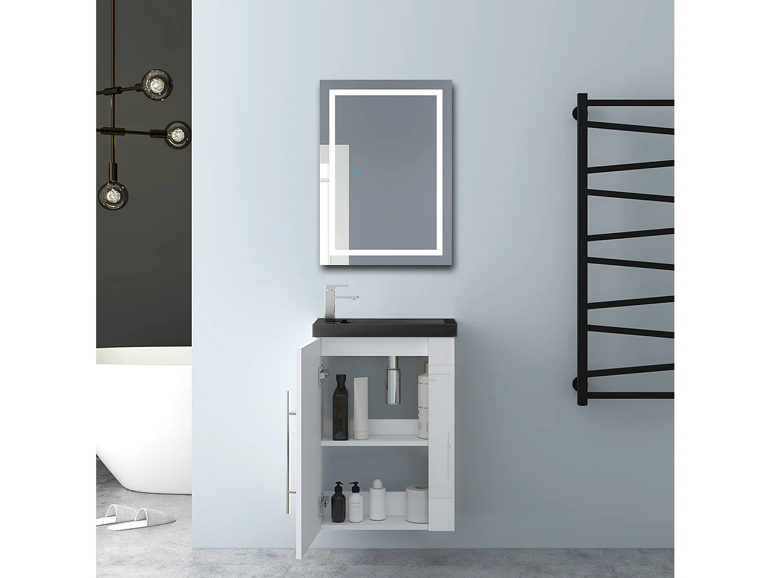 AICA Badmöbel 45cm Schwarz Waschtisch mit Unterschrank - Hochglanz Weiß Hängeschrank