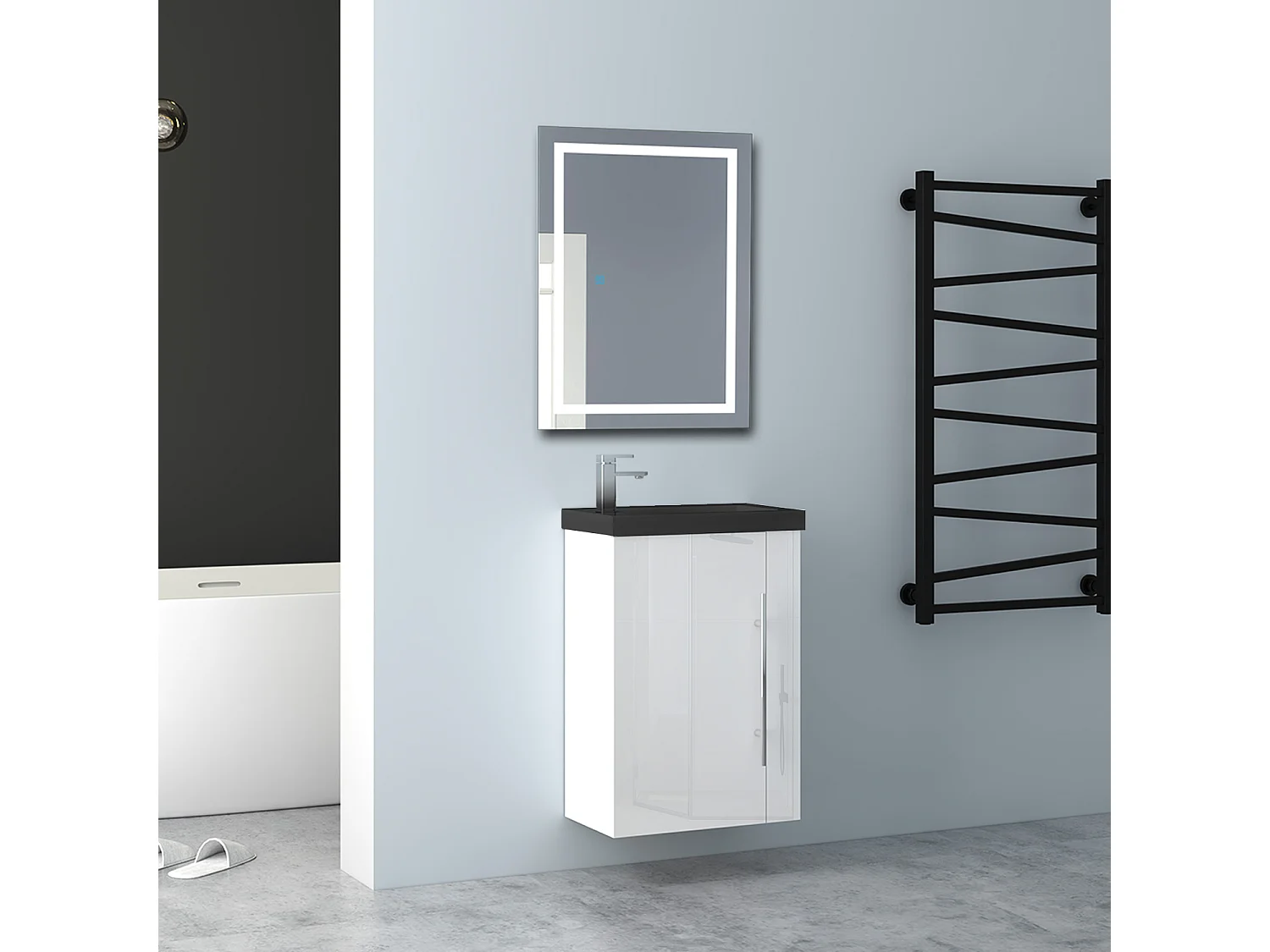 AICA Badmöbel 45cm Schwarz Waschtisch mit Unterschrank - Hochglanz Weiß Hängeschrank