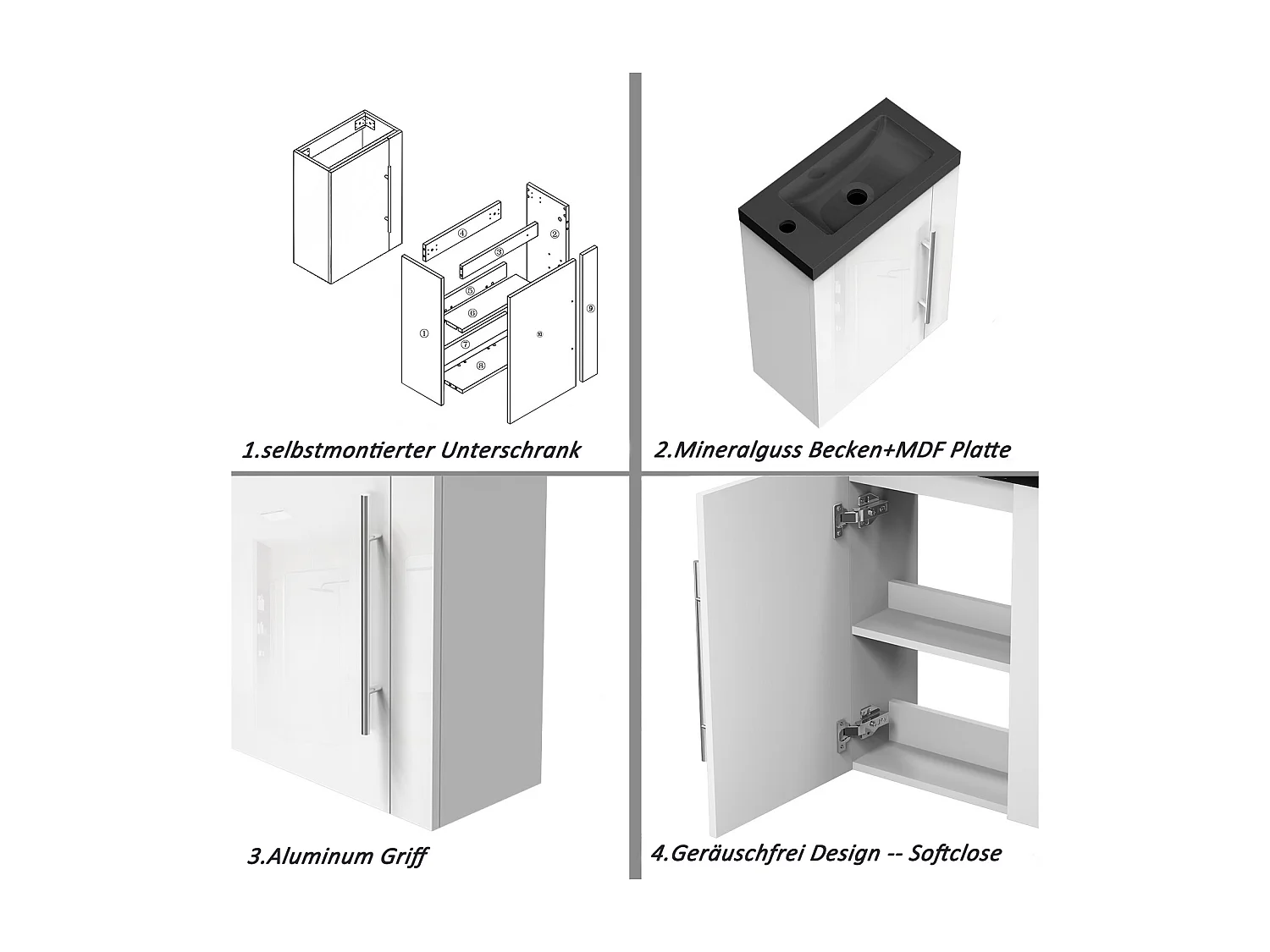 AICA Badmöbel 45cm Schwarz Waschtisch mit Unterschrank - Hochglanz Weiß Hängeschrank