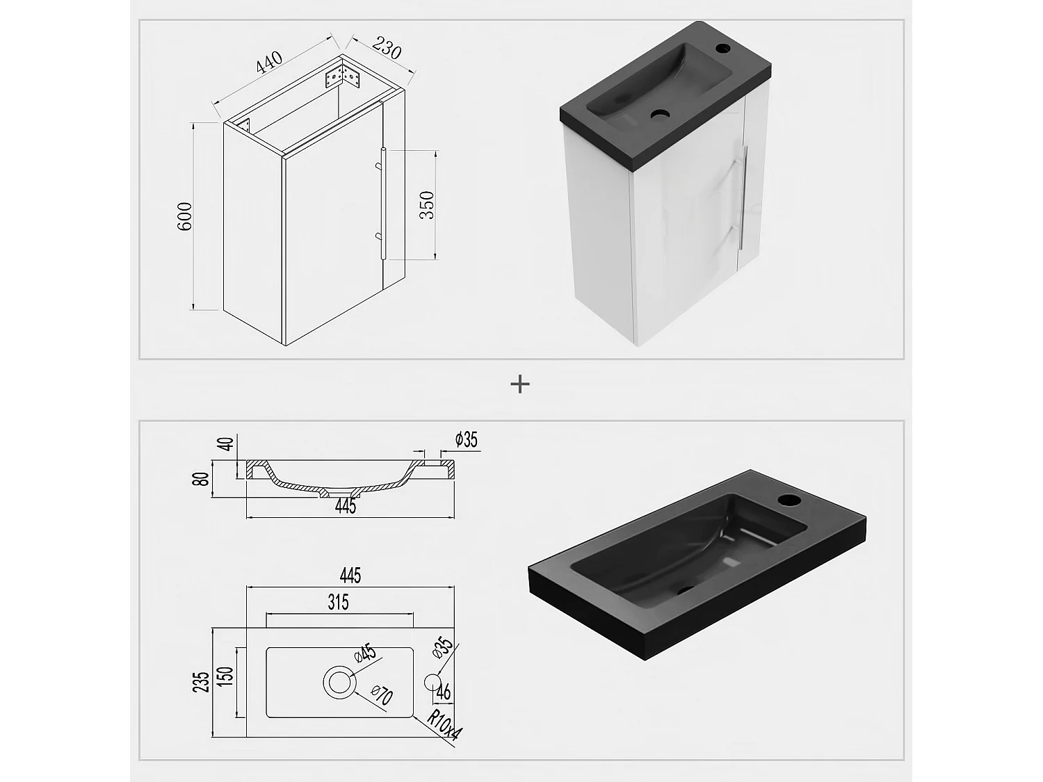 AICA Badmöbel 45cm Schwarz Waschtisch mit Unterschrank - Hochglanz Weiß Hängeschrank