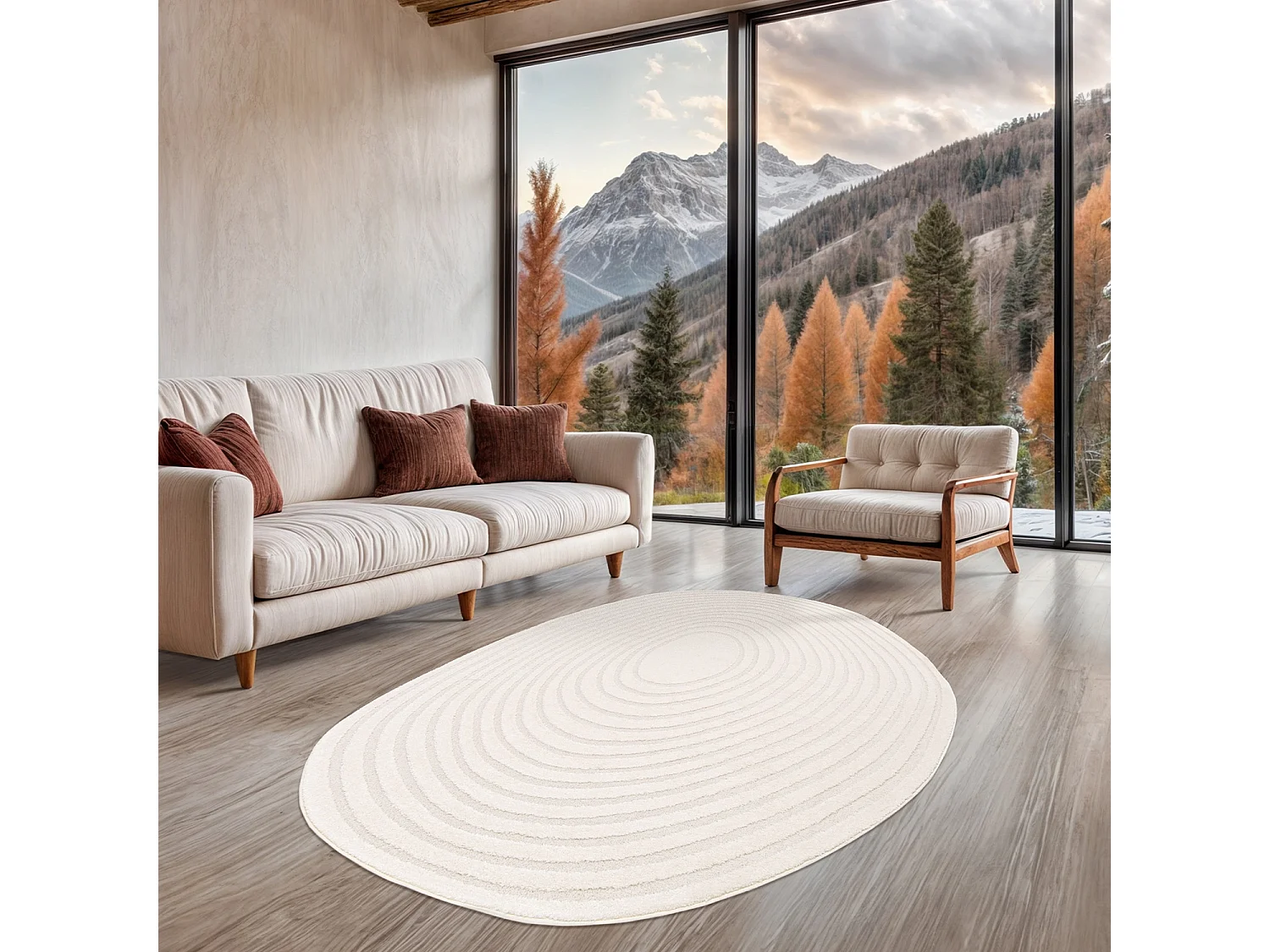 Tapis intérieur forme de galet motif circulaire crème Amanda 160x230cm