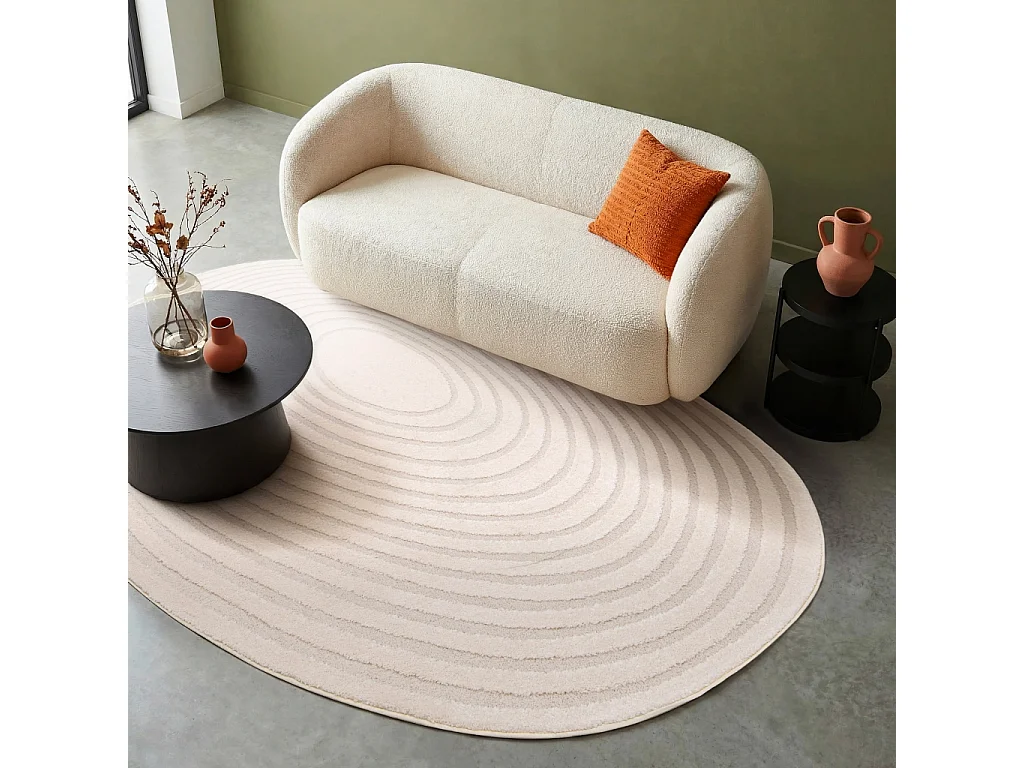 Tapis intérieur forme de galet motif circulaire crème Amanda 160x230cm