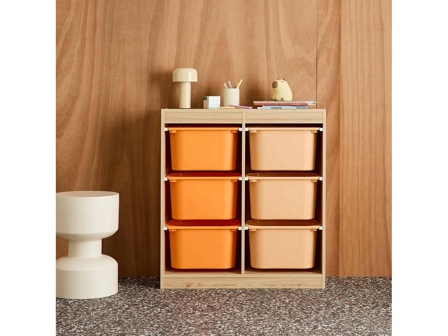 Mobile contenitore per bambini con 6 scatole colorate, arancione