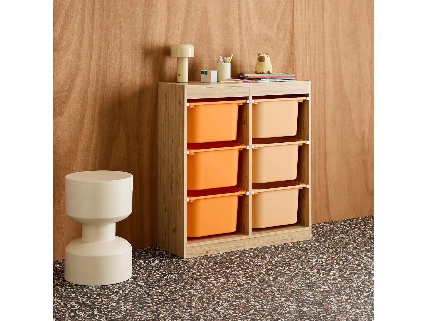 Mobile contenitore per bambini con 6 scatole colorate, arancione