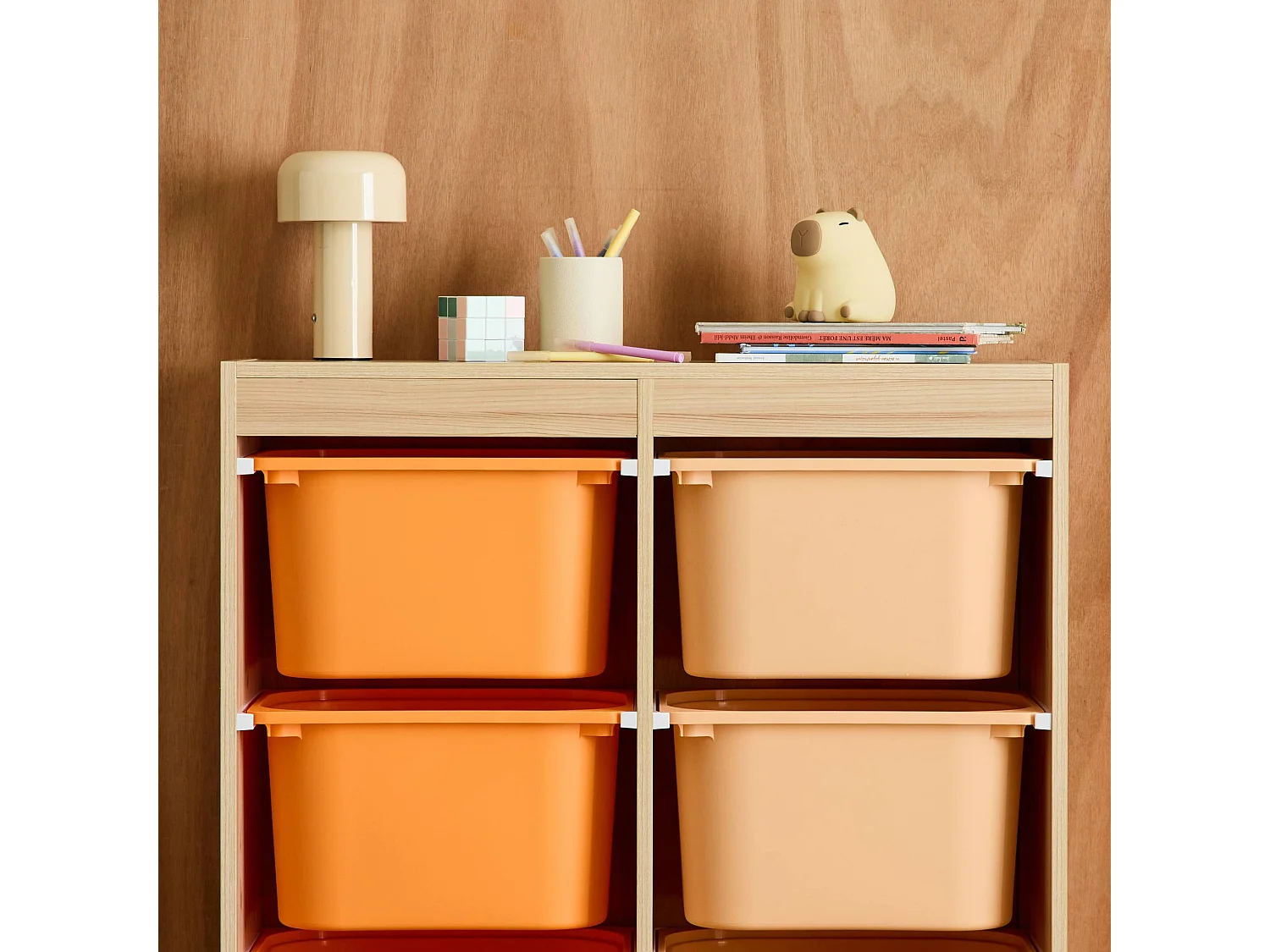 Mobile contenitore per bambini con 6 scatole colorate, arancione