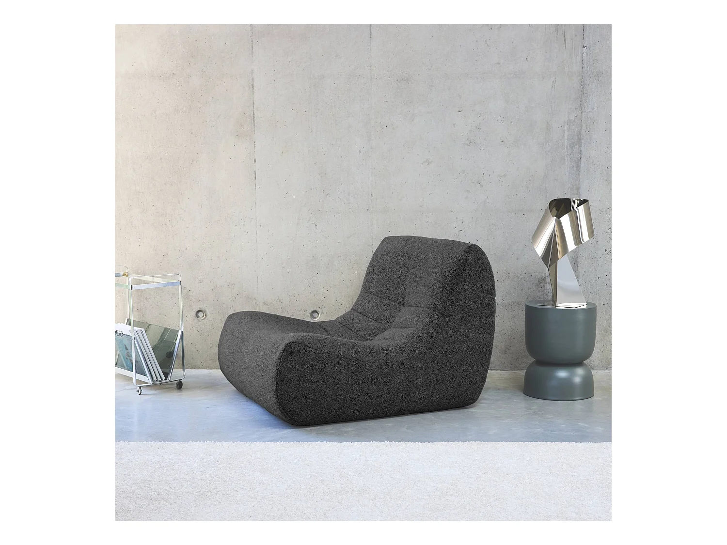 Fauteuil chauffeuse en bouclette texturée anthracite style contemporain 1 place