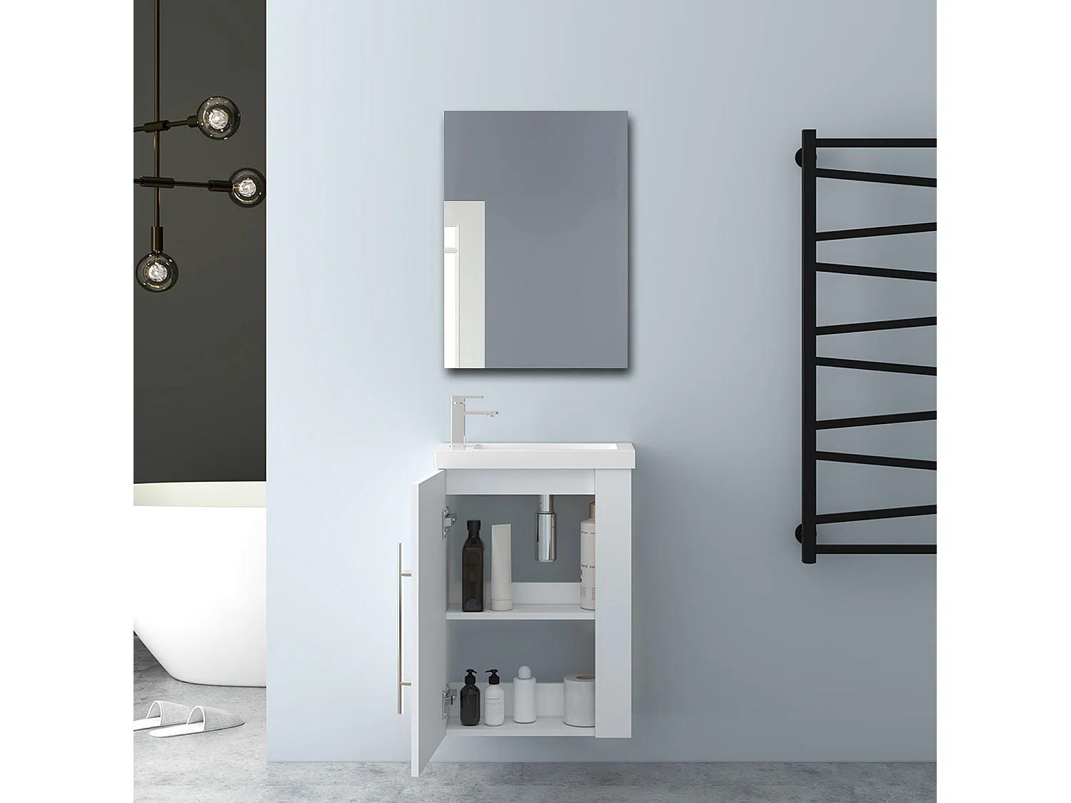 AICA Badmöbel 45cm Mineralguss Waschtisch mit Unterschrank - Matt Weiß Hängeschrank