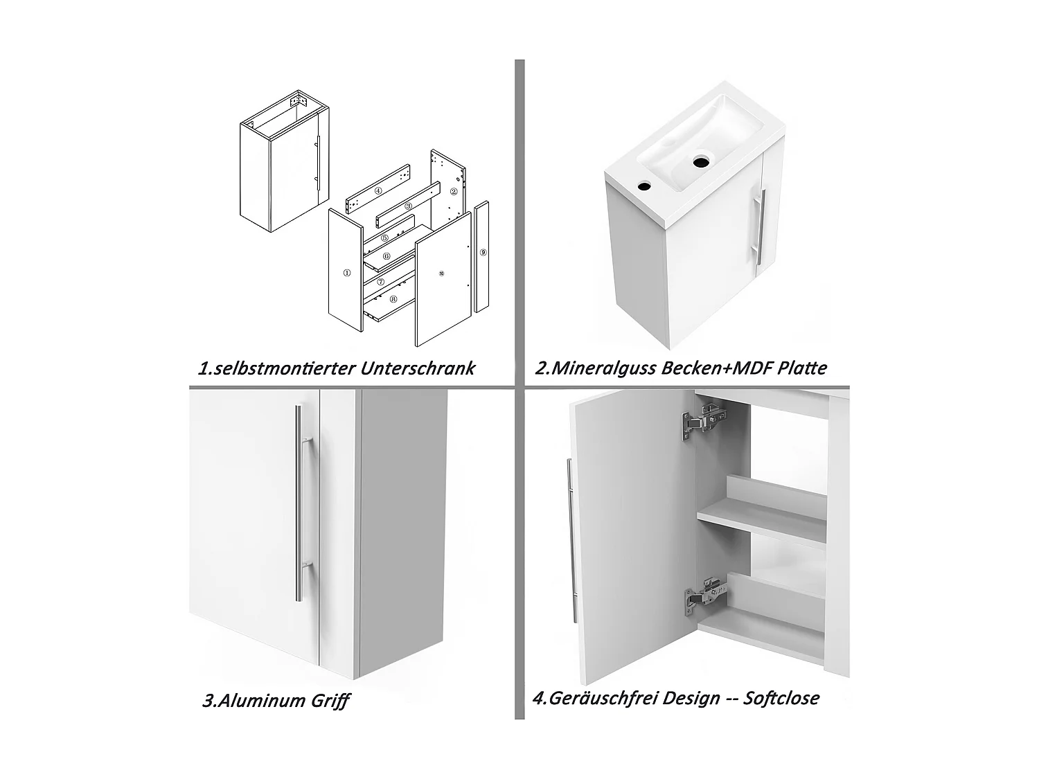 AICA Badmöbel 45cm Mineralguss Waschtisch mit Unterschrank - Matt Weiß Hängeschrank
