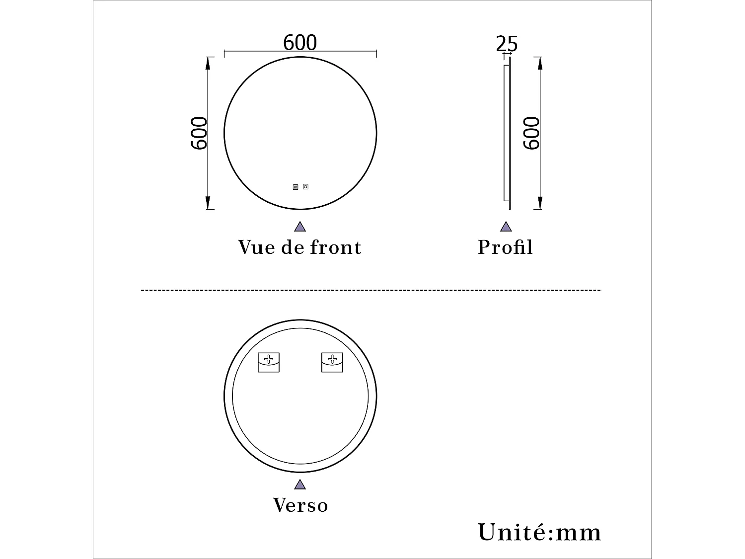 Miroir LED Rond 60cm avec Anti-buée + 3 Couleurs + Dimmable, Mural Miroir salle de bain