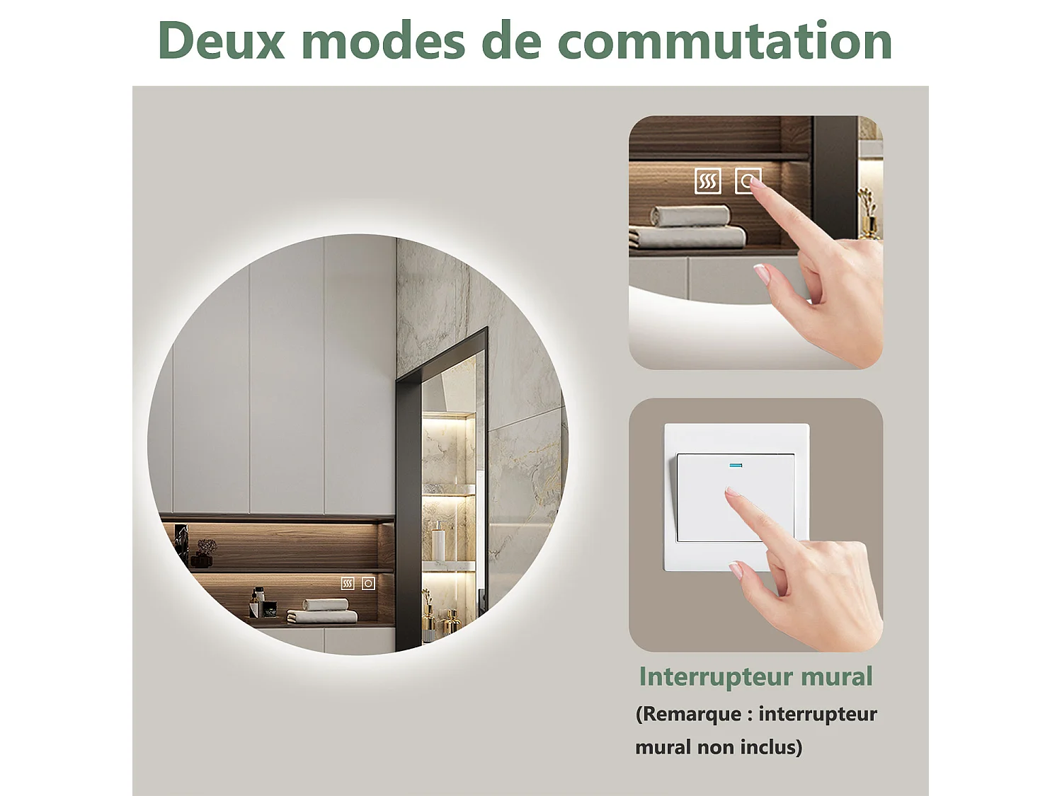 Miroir LED Rond 60cm avec Anti-buée + 3 Couleurs + Dimmable, Mural Miroir salle de bain