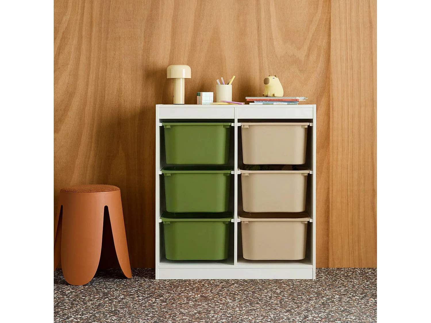Meuble de rangement enfant 6 bacs de rangement en plastique vert olive taupe - Sora