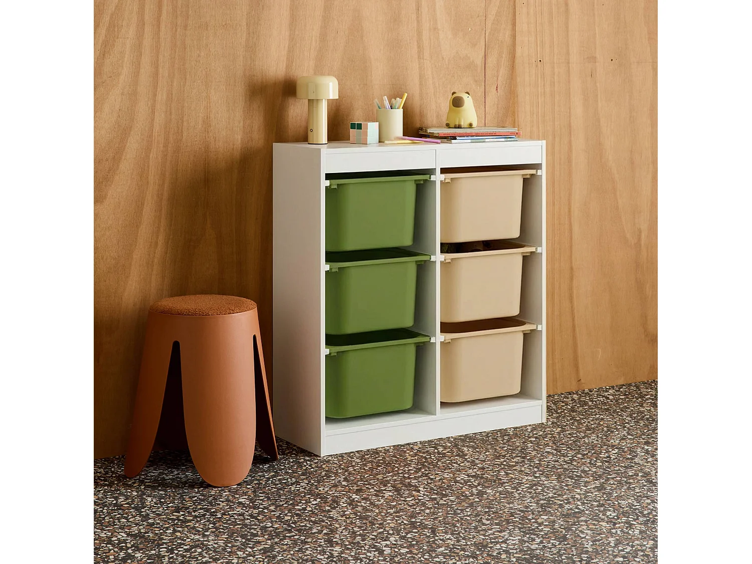 Meuble de rangement enfant 6 bacs de rangement en plastique vert olive taupe - Sora