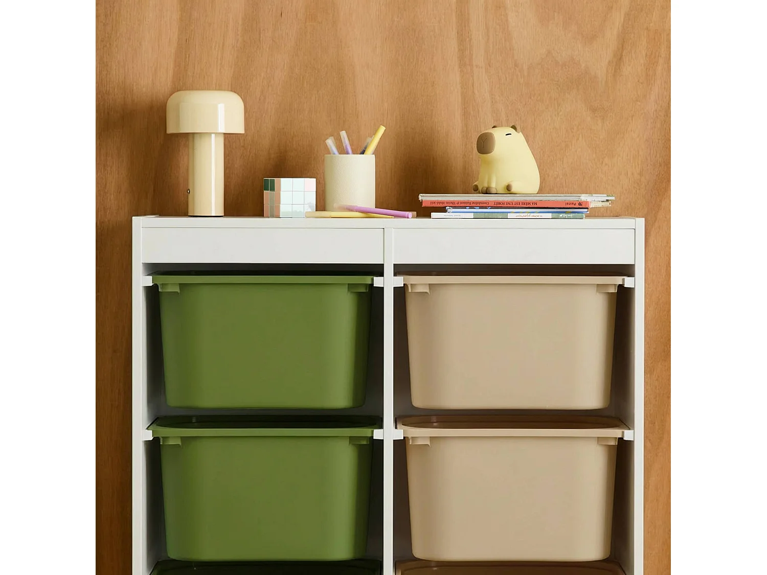 Meuble de rangement enfant 6 bacs de rangement en plastique vert olive taupe - Sora