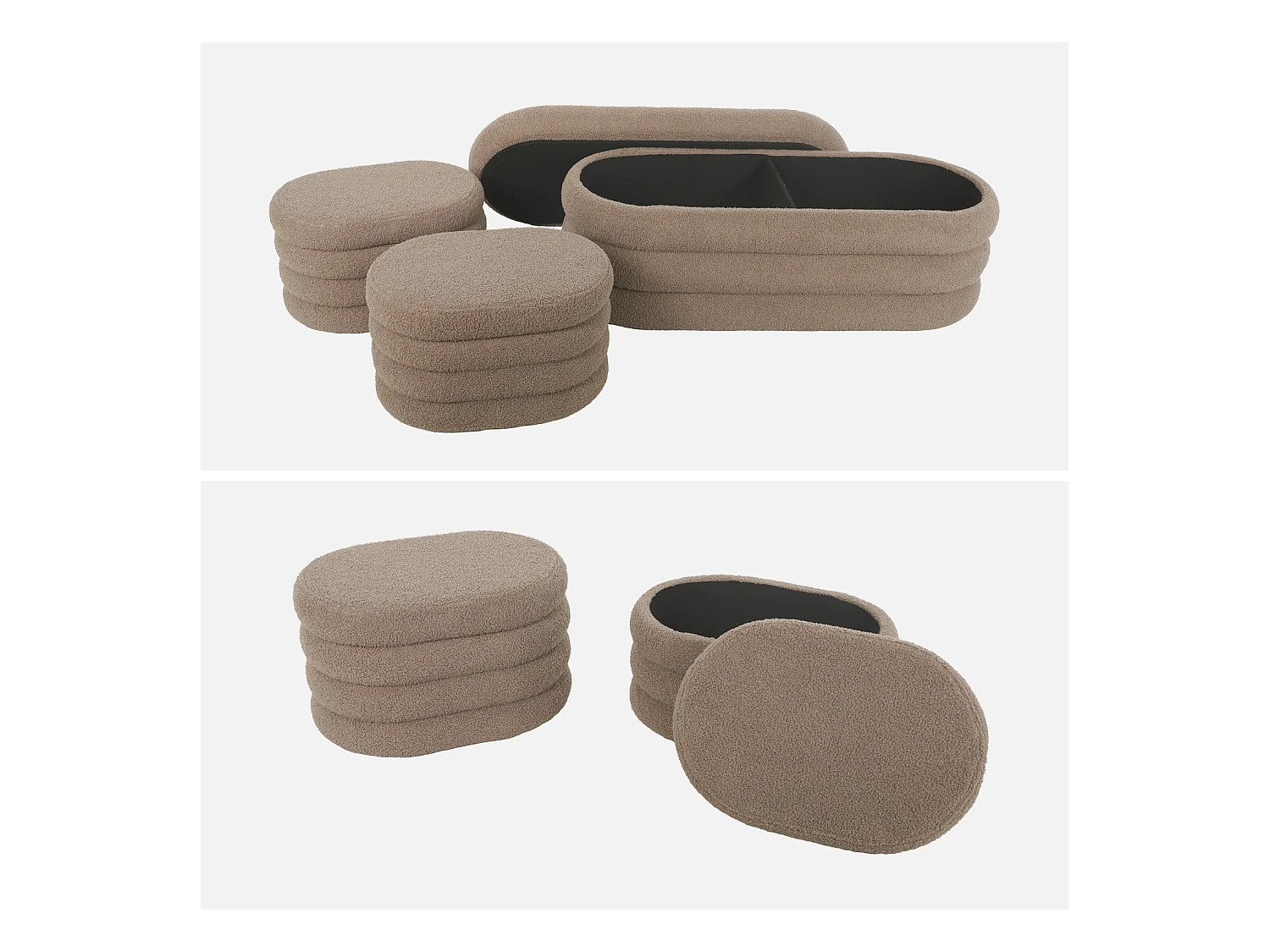 Banco cofre de almacenamiento borreguito con 2 puffs pardo